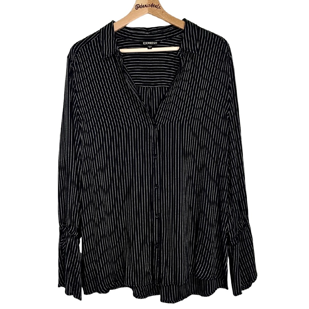 EXPRESS Black and White Pin Stripe Collared Button Down w/ Tie Bell Sleeved